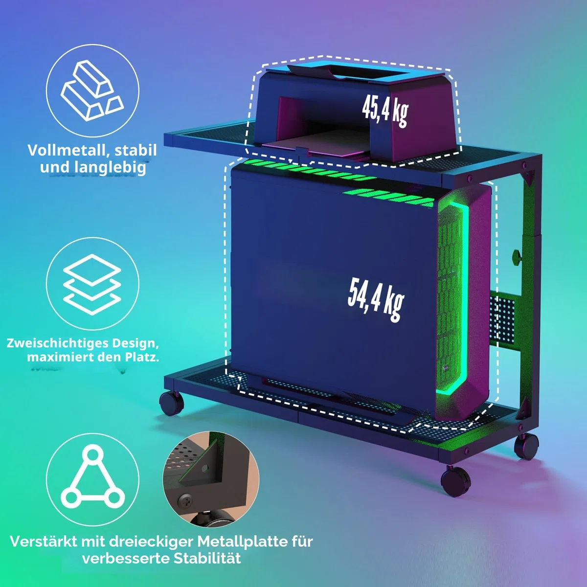 Moricher Computer-Tower-Ständer – höhenverstellbarer 2-stöckiger ATX-Gehäuse-Ständer, PC-Ständer für Bodendrucker, Stecktafel mit rollenden Rädern und Mauspad für Heimbüro