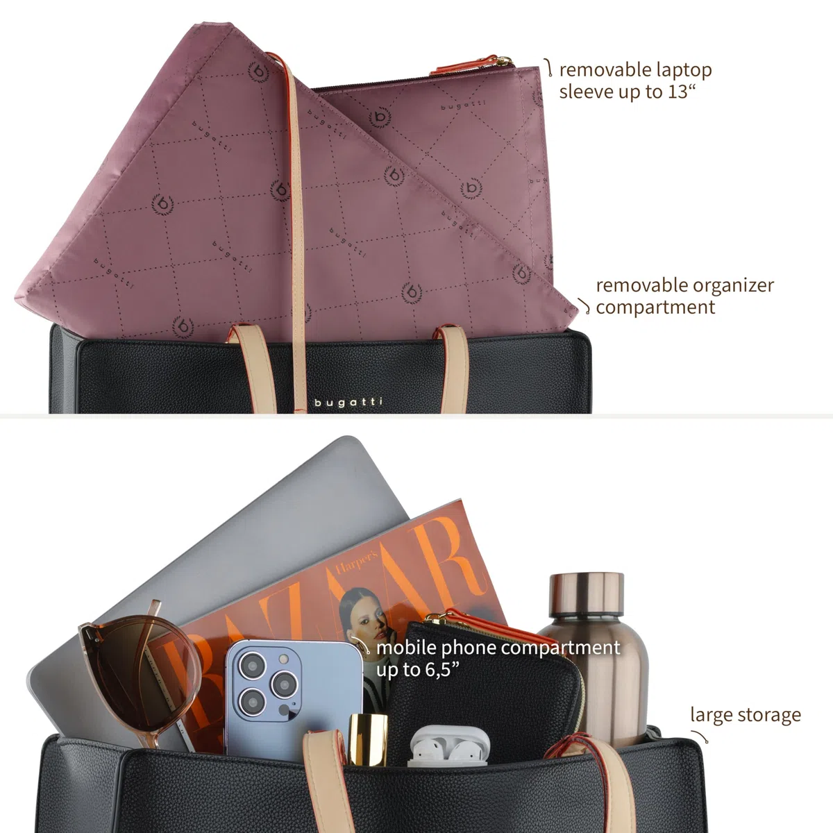 bugatti Ella Business System Bag - elegante Aktentasche mit 13-Zoll-Laptopfach in Schwarz