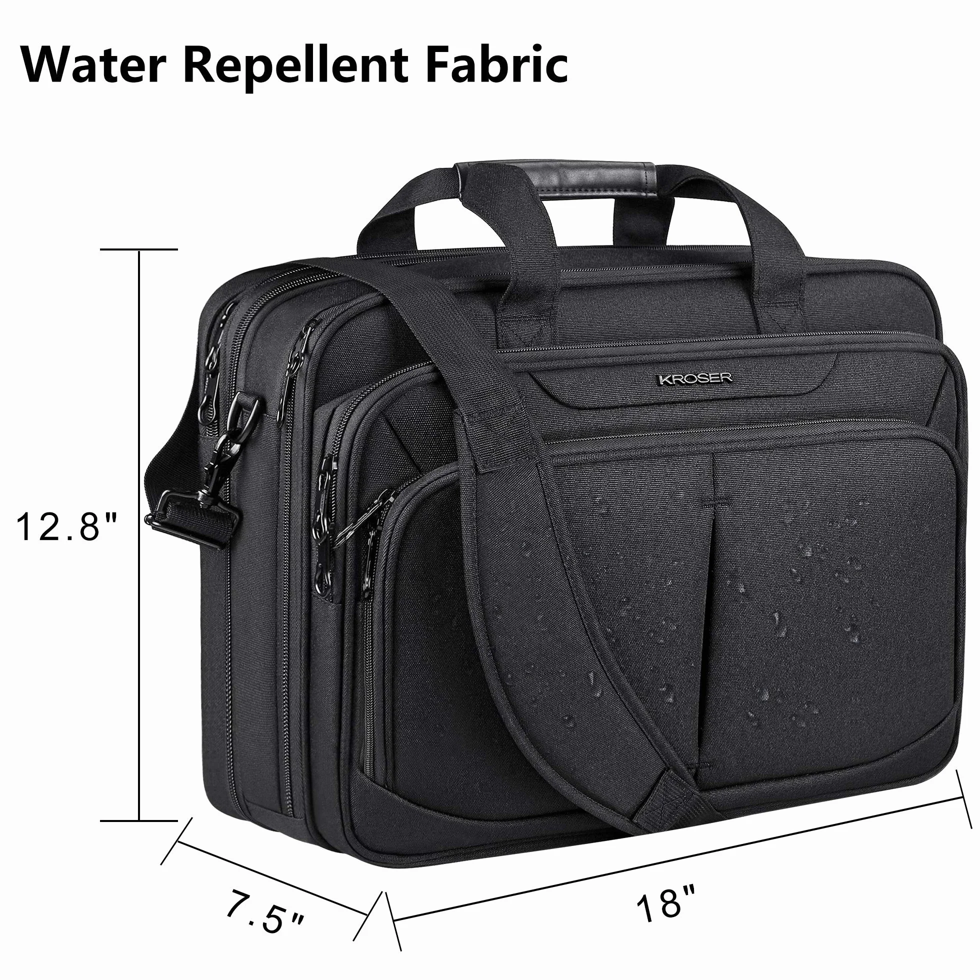 KROSER LaptopTasche 18" Upgrade Erweiterbare Leichte Aktentasche für 17,3" Laptop Premium Arbeitstasche Wasserdichte Umhängetasche mit RFID-Taschen für Schule/Reisen/Frauen/Männer-Schwarz MEHRWEG