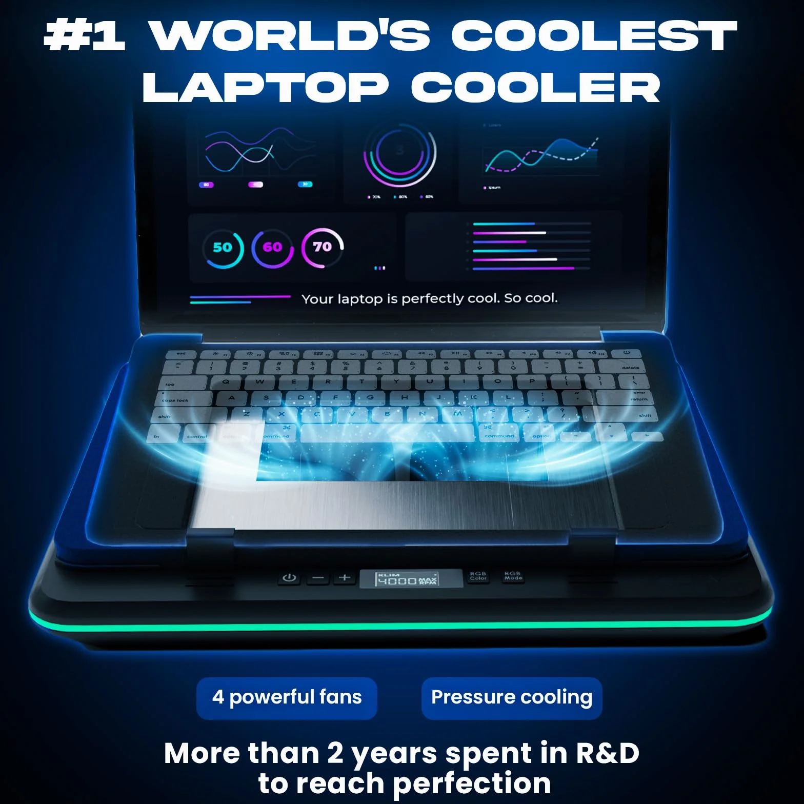 KLIM Turbofrost Laptop Kühler - Gaming Laptop Kühlpad mit 4 Turbolüftern - 4 x 4000 RPM, 2 Leistungsmodi (USB-C/DC), RGB, 4 USB-Ports und Dämpfung für schnelle Kühlung. Für Laptops bis 17 Zoll