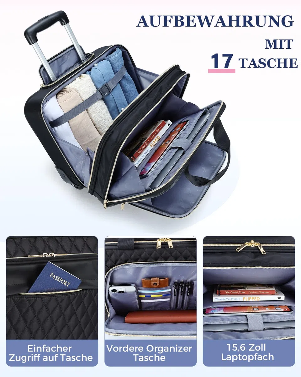 Ponhog Bussiness Laptop Trolley mit Rollen für Damen,Trolley Laptoptasche 15,6 Zoll wasserdichte Aktentasche für Reisen, Arbeit, Schule, Schwarz