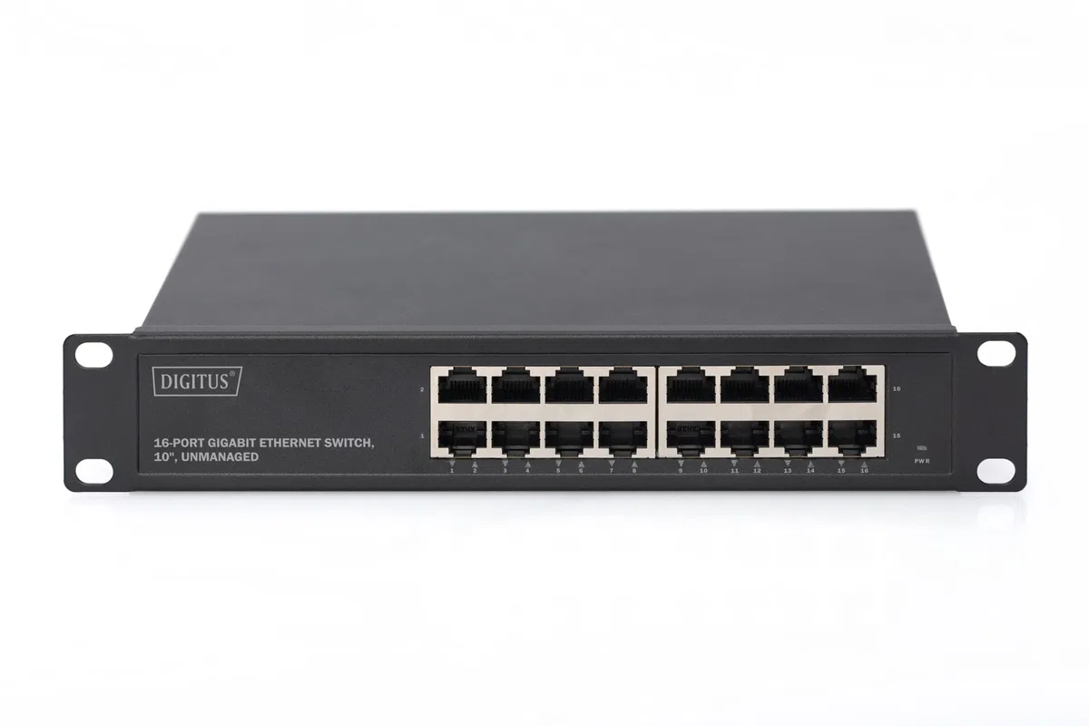 DIGITUS Netzwerk-Switch – 10 Zoll 1HE – 1 Gbit/s – 16 Ports – Unmanaged | 16x RJ45 – Auto MDI/MDI-X – Gigabit Ethernet – Für 10-Zoll (254 mm) Netzwerkschränke – Schwarz