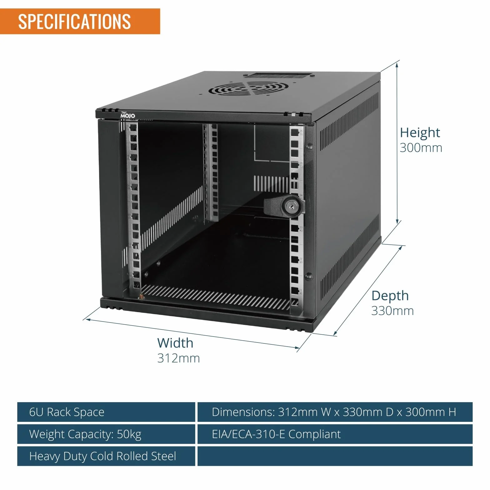 Tecmojo 10-Zoll 6HE Wandmontage-Netzwerk-Schrank, 330 mm tief, Netzwerkschrank mit Rack-Ablage, Bürstenblenden, Kabelorganisator für 10-Zoll-AV/IT/NAS-Geräte (254 mm), 50 kg Traglast, Schwarz, Glastür