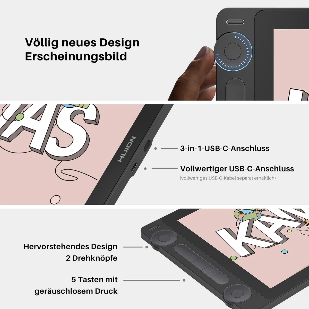 HUION Kamvas 13 Gen 3 Grafiktablett mit Display, 13,3-Zoll-Zeichenmonitor aus Canvas-Glas, 99% sRGB-Abdeckung, neues PenTech 4.0, 16384 Stiftdruck, Zwei Drehregler, Verstellbarer Ständer, Schwarz