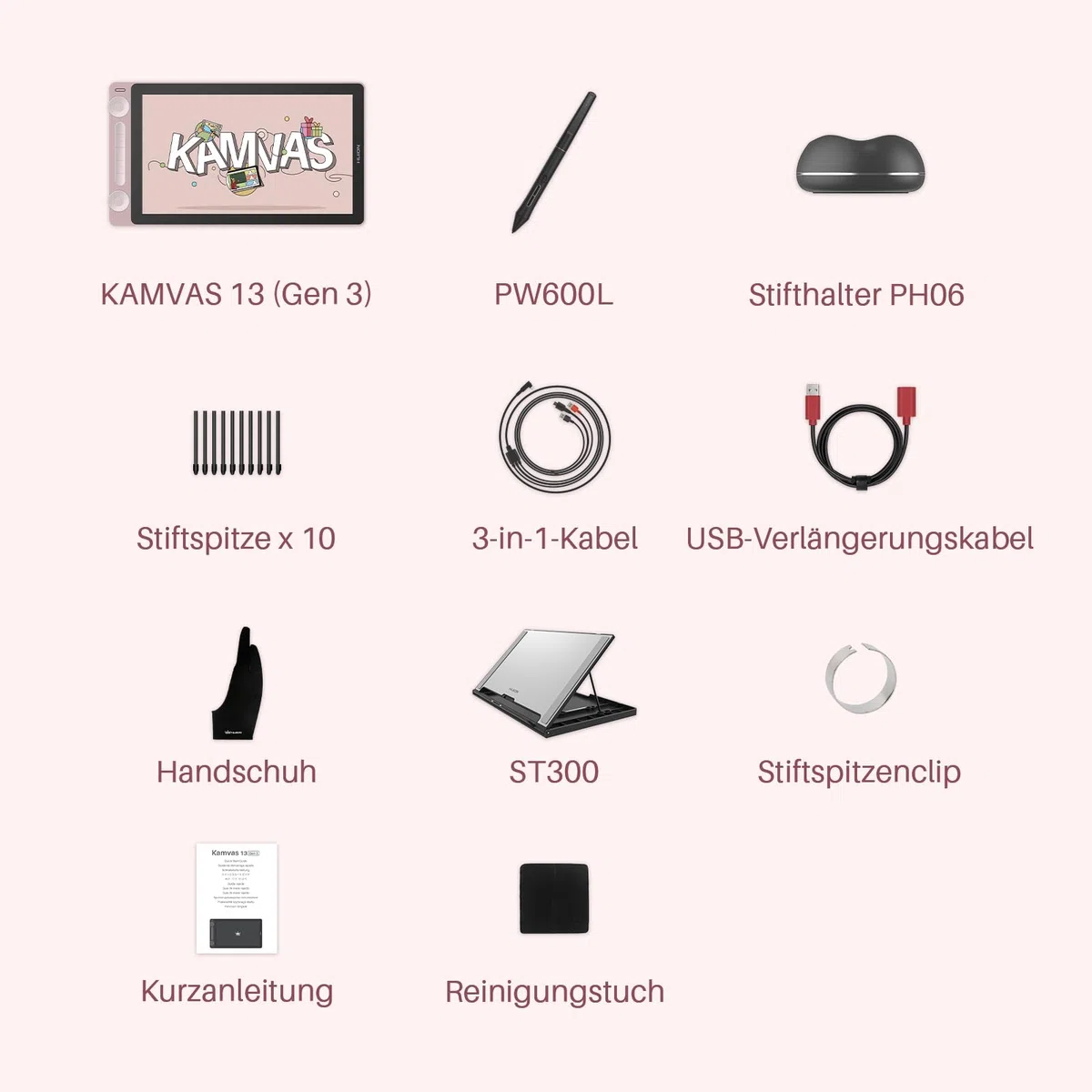 HUION Kamvas 13 Gen 3 Grafiktablett mit Display, Entspiegeltes Geätztes Glas, PenTech 4.0, 16384 Stiftdruck, Verstellbarer Ständer, 13,3 Zoll Dual Dial Zeichentablett für Designer, Künstler, Rosa