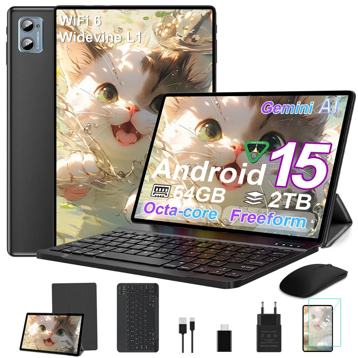2026 Tablet Android 15 Octa Core Tablets 10 Zoll mit 64 GB ROM + 2 TB TF | 5G + 2,4G WiFi |GMS| Bluetooth 5.0 |8 MP + 5 MP | Typ C,Touchscreen-Tablet mit Hülle, Tastatur und Maus-Schwarz