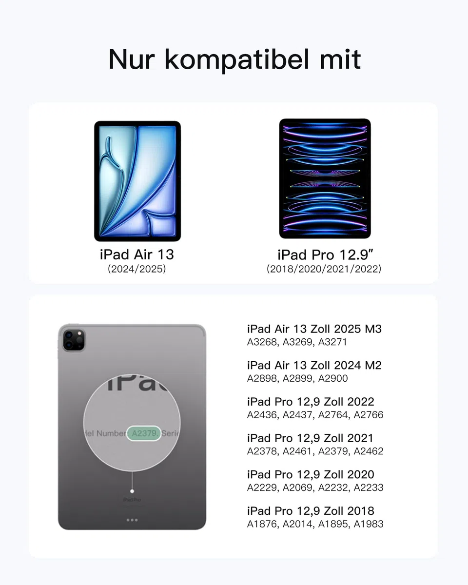 Inateck Tastatur Hülle für iPad Air 13 Zoll (2026/2025/2024,M4/M3/M2),Tastatur für ipad Pro 12.9 Zoll,6" Großes Trackpad,Abnehmbar,QWERTZ,7 Farben Hinterleuchtet,mit Stifthalter,AceTouch