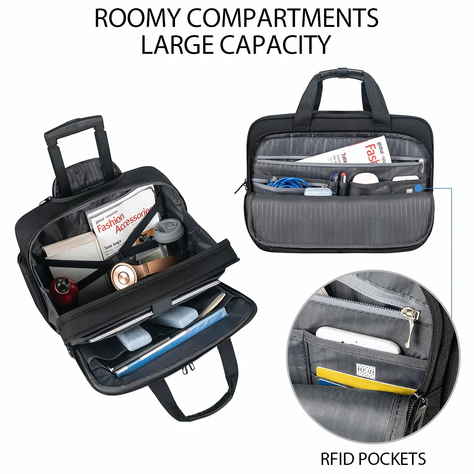 VANKEAN 17.3'' Laptoptasche mit Rollen für Herren, Stylische Handgepäck-Aktentasche Laptoptasche wasserdichte mit Rollen für die Nacht mit RFID-Taschen für Reisen/Arbeit/Schule-Schwarz