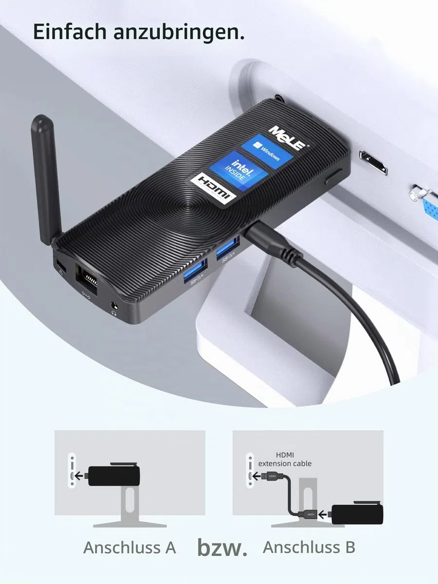MeLE PCG02 Mini-PC-Stick Lüfterloser Celeron J4125, Kleiner Computer, Micro-PC, LPDDR4, Win11, HDMI 4K 60Hz, 2.4G/5G Wi-Fi 5, Gigabit Ethernet, BT 4.2, USB 3.0, Wake on LAN, PXE (8G/256G)