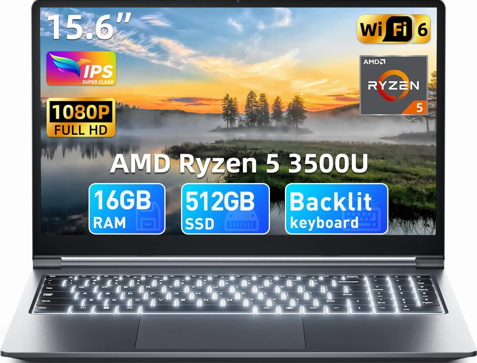 15.6 Zoll Laptop 16GB RAM 512GB ROM, Enthaltene AI Copilot, AMD R5 (übertrifft i5-13420H, bis zu 3.6GHz), FHD Display Notebook, WiFi 6 USB 3.0, Full-Function Type-C