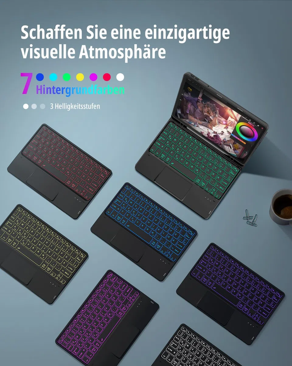 CACOE Tastatur Hülle für Lenovo Idea Tab 2025 11 Zoll (TB-336ZU TB-336FU) mit Touchpad, 7-Farbige Hintergrund Beleuchtung, Abnehmbare Kabellose [QWERTZ] Tastatur Hülle mit Stützfunktion, Schwarz