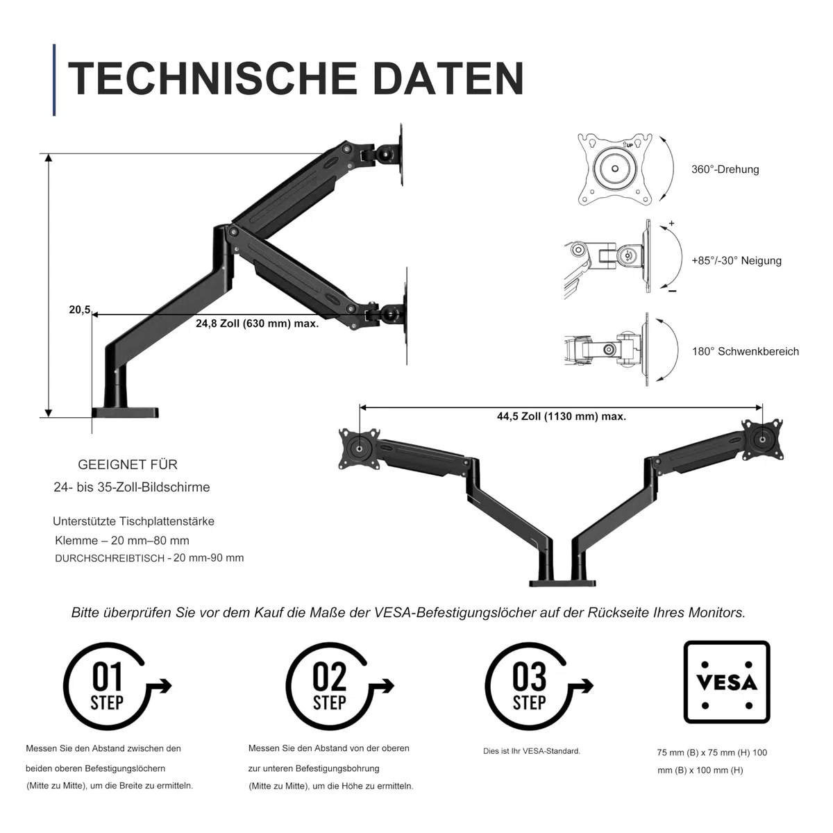 Invision Doppel-Monitorarm für Bildschirme von 24-35 Zoll, ergonomisch, höhenverstellbar (gasunterstützt), neigbar, drehbar und ausziehbar, VESA 75 mm und 100 mm, Gewicht 2 kg bis 15 kg (MX900)