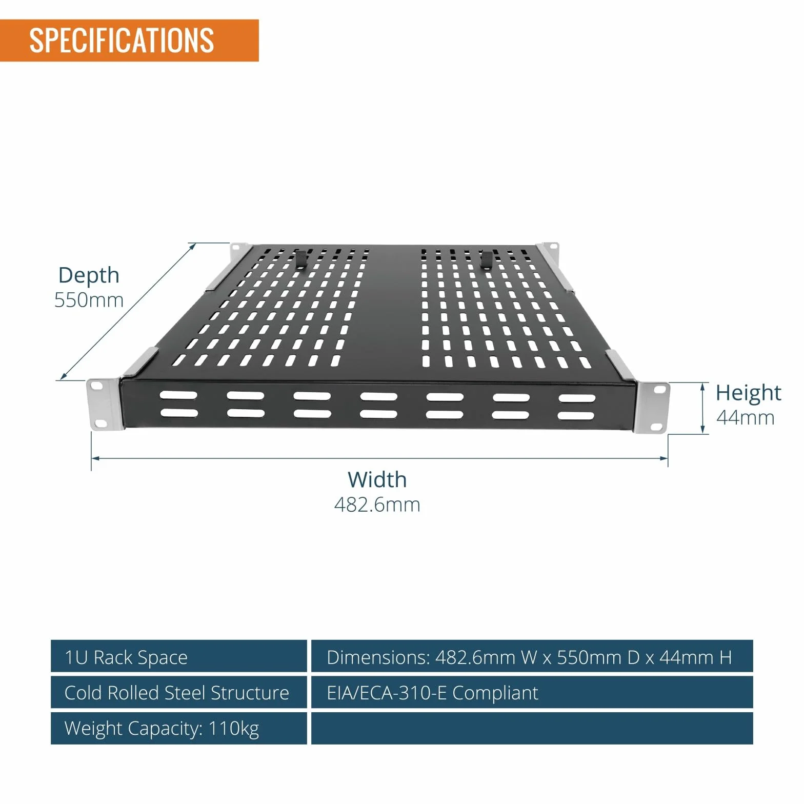 Tecmojo 1HE Fachboden, 19 Zoll 550 mm Tief, Variabele Tiefe von 343 mm bis 800 mm, Zum Festeinbau, verstellbare, belüftete Server-Rack-Einbauablage, Traglast 110 kg