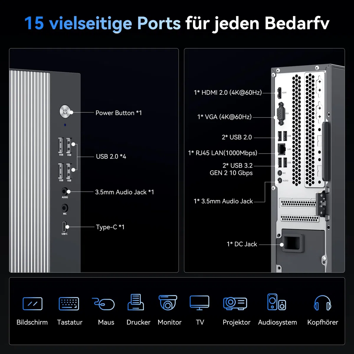 Blackview Silent Business Office Computer NEX60 | 2026 Intel Core 5-210H - 13. Gen| 16GB DDR4 | 512GB SSD | Win 11 Pro Desktop PC| WLAN 6 & Bluetooth 5.2 | USB 3.2 | 3 Jahre Garantie - Startklar