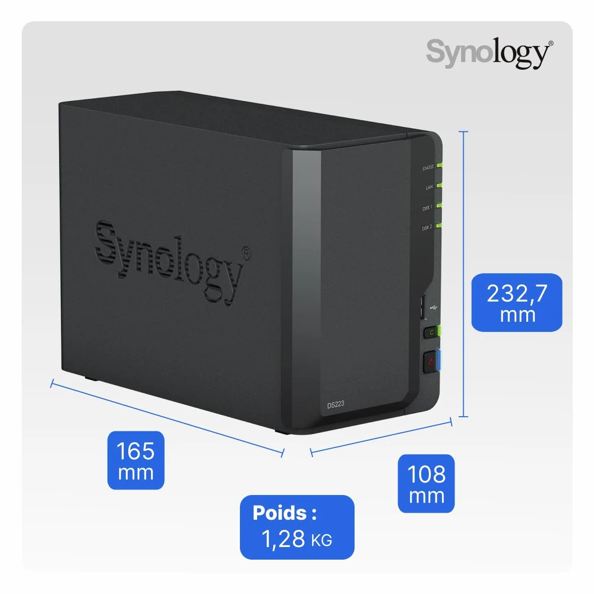 Synology DS223 2-Bay Diskstation NAS (Realtek RTD1619B Quad-Core 2GB Ram 1xRJ-45 1GbE LAN-Port), Schwarz