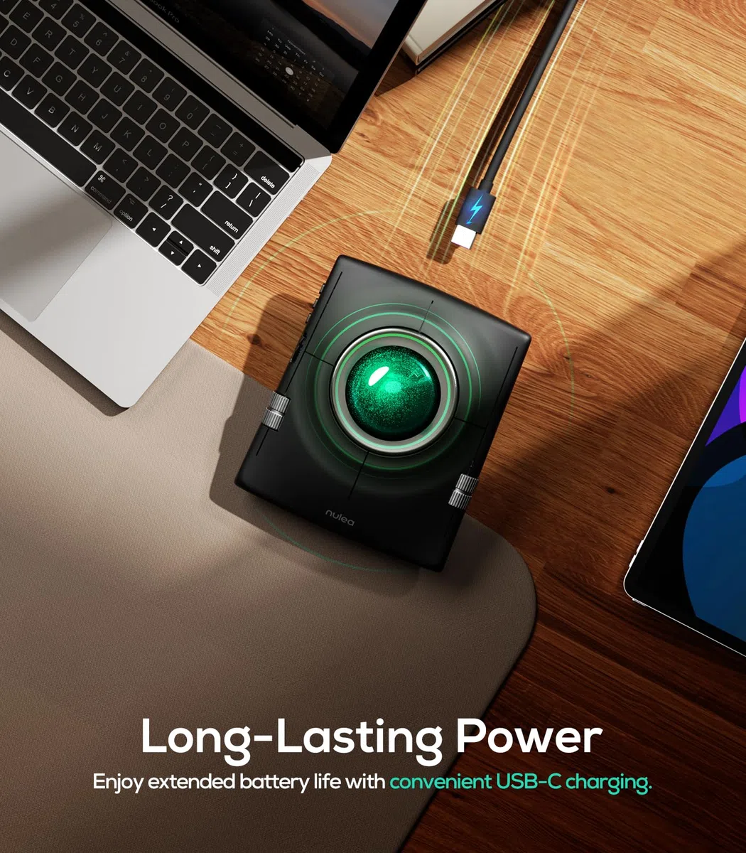 Nulea M512 kabellose Trackball-Maus, ergonomischer 55-mm-Trackball, einstellbare DPI für präzise Steuerung, kompatibel mit Links- oder Rechtshänder, wiederaufladbar, Multi-Device Bluetooth & 2,4 GHz