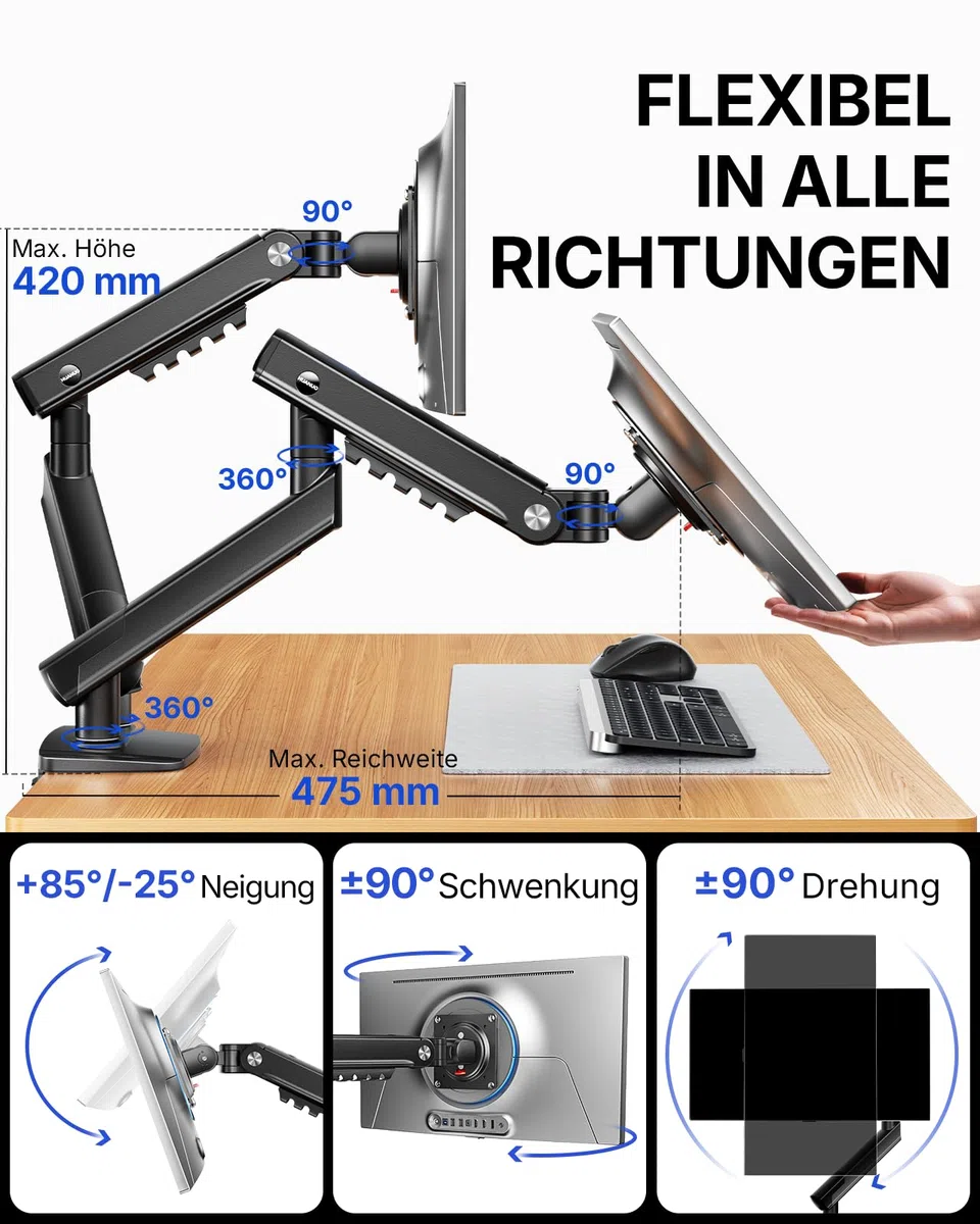 HUANUO MonitorHalterung 2 Monitore für 13–32 Zoll, MechaSpring Bildschirmhalterung bis 9 kg, FlowLift Pro Monitorarm (Neigung/Schwenk/Rotation) werkzeuglos montierbar VESA 75/100 mm, für Gaming&Office