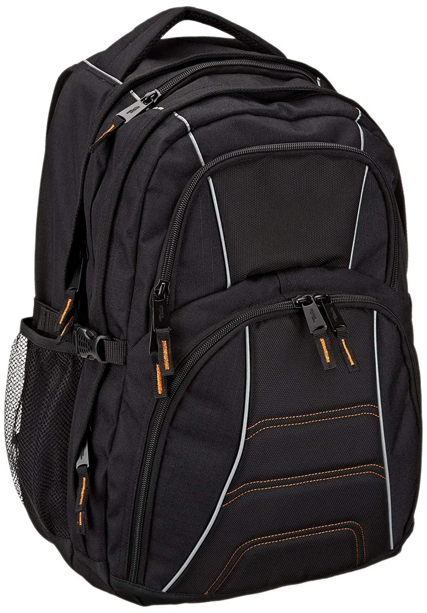 Amazon Basics Laptop-Rucksack mit gepolsterten Schulterriemen und Aufbewahrungsfächern für Stifte, Schlüssel, Handy, geeignet für die meisten Laptops bis zu, 43.2cm, Schwarz