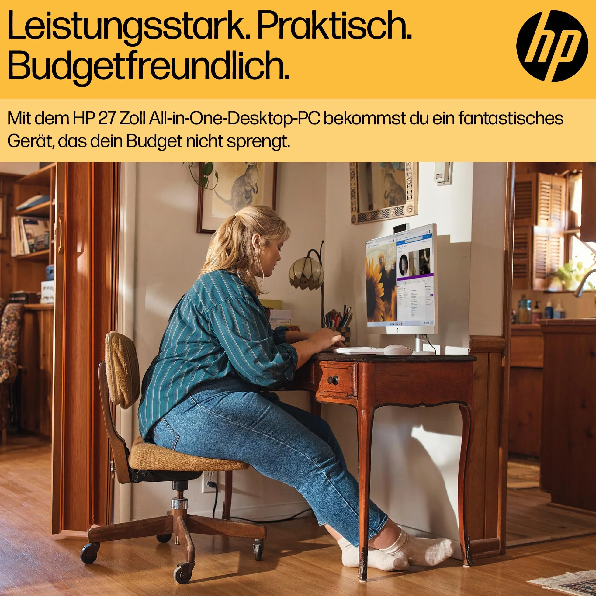 HP All-in-One Desktop-PC | 27" FHD Display | AMD Ryzen 5 7520U | 16 GB DDR5 RAM | 512 GB SSD | AMD Radeon-Grafikeinheit | Windows 11 Home | Weiß