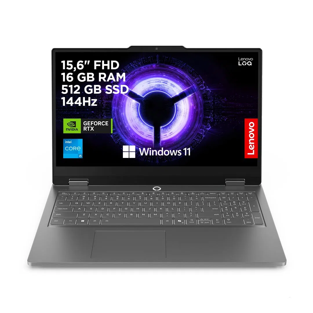 Lenovo LOQ Essential Gaming AI Laptop | 15.6" FHD 144Hz | NVIDIA GeForce RTX 5050 | Intel Core i5-13450HX | 16GB RAM | 512GB SSD | Windows 11 | QWERTZ | Weiss-beleuchtet | Grau | 3 Monate Game Pass