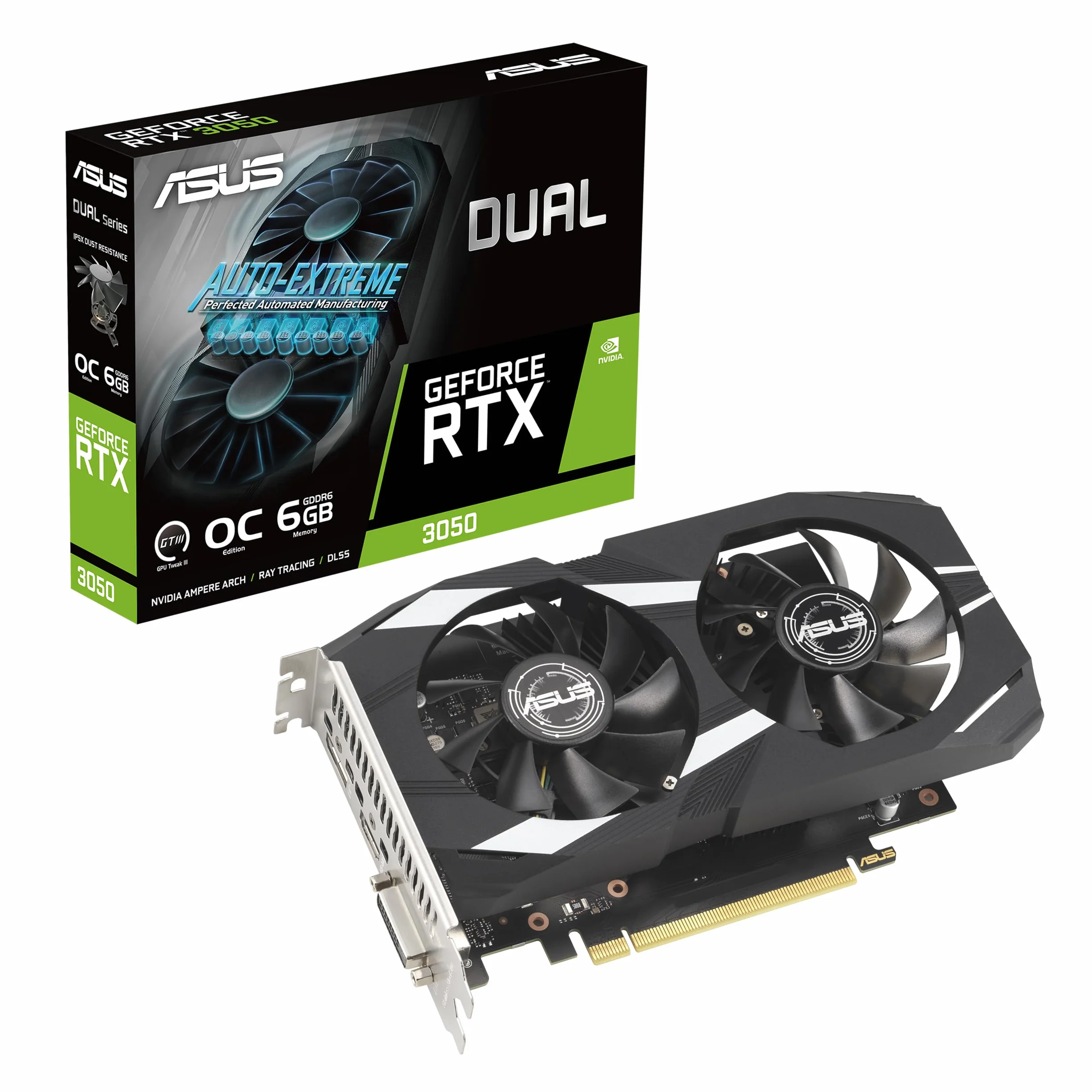 ASUS Dual GeForce RTX 3050 OC Edition 6GB GDDR6 Gaming Grafikkarte (Nvidia GeForce RTX3050 DLSS, PCIe 4.0, 1x HDMI 2.1a, 1x DisplayPort 1.4a, DUAL-RTX3050-O6G)