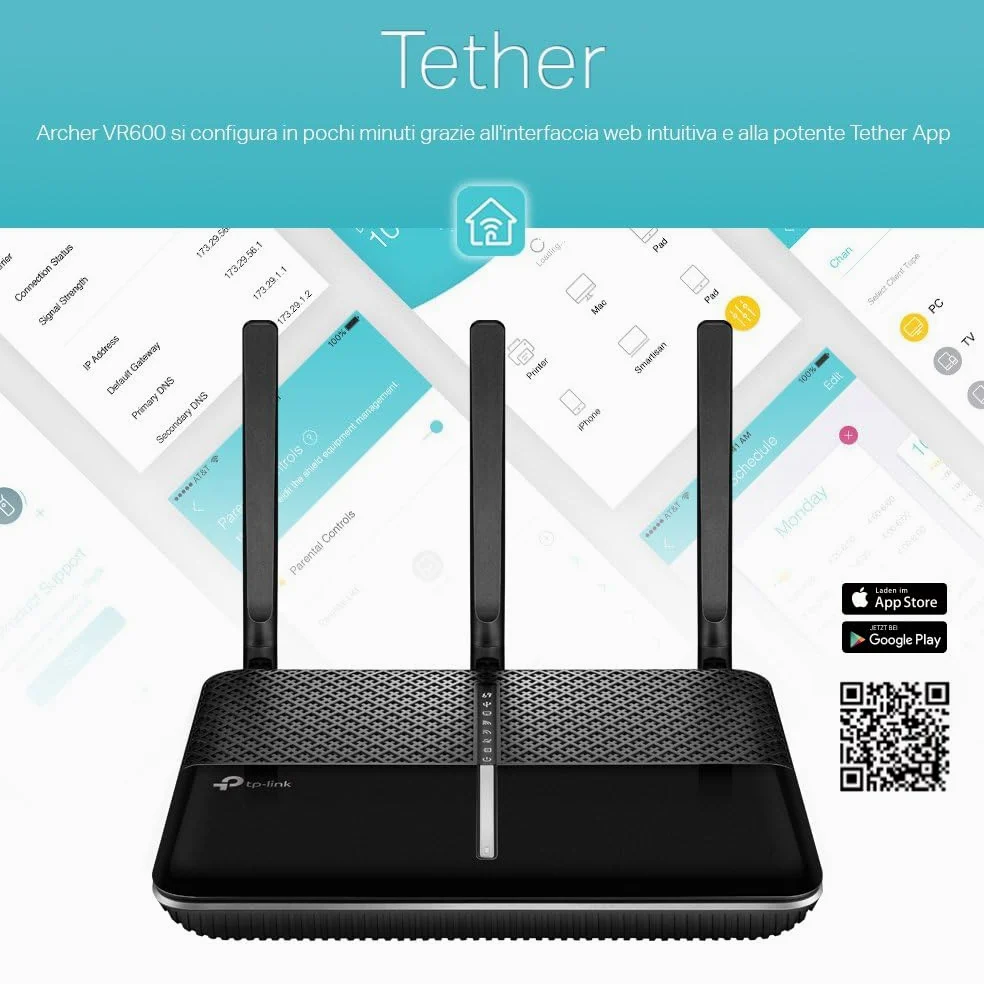TP-Link Archer VR600 Modem Router Wifi Gigabit AC1600 Dual Band, ADSL/VDSL, VPN, 4 Ports Gigabit, Beamforming, Management App Tether Android/iOS nur für Österreich/Schweiz