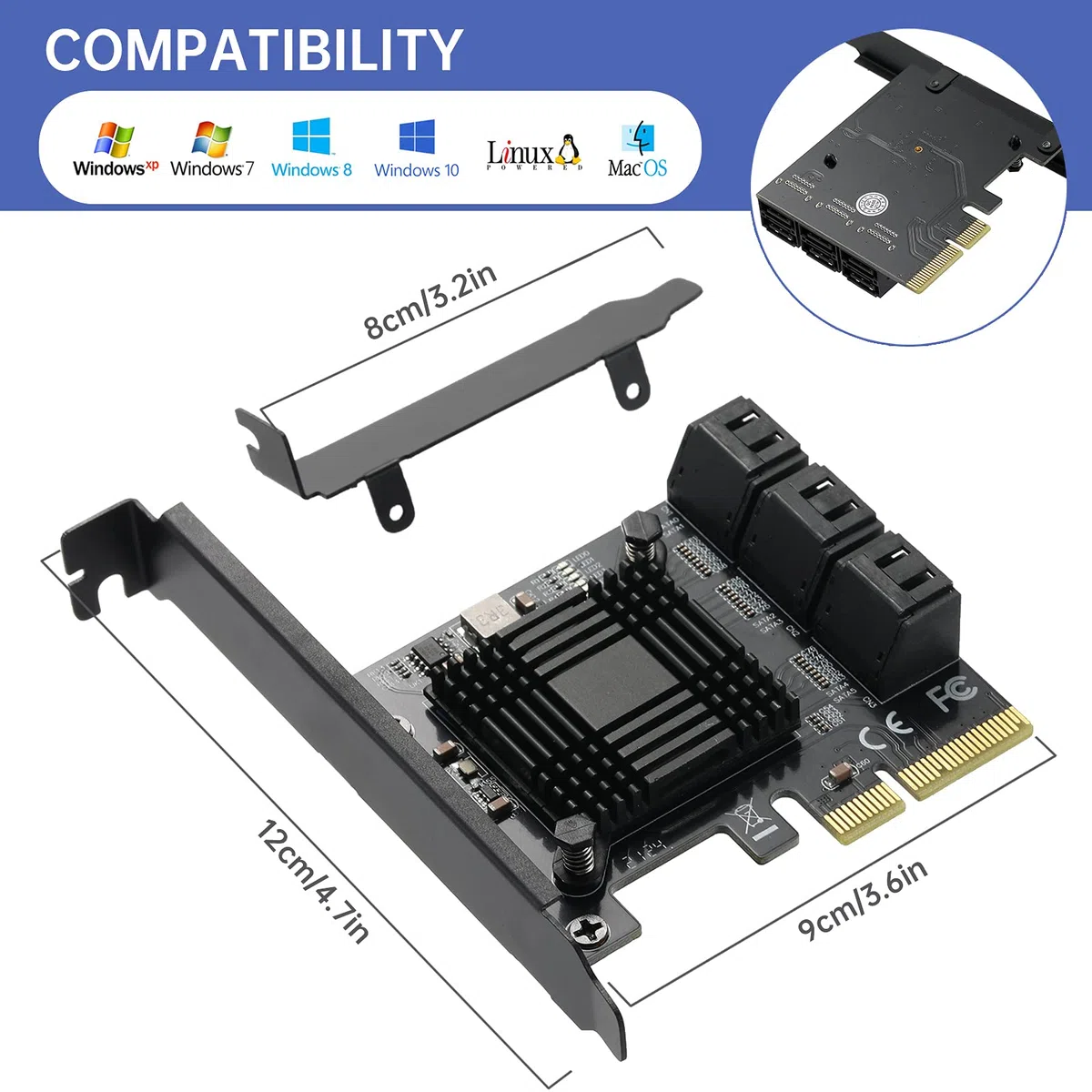 PCIE Schnittstelle-4X SATA Karte 6 Ports, mit 6 SATA Kabel und Low Profile Halterung, PCIE zu SATA 3.0 6 Gbps Controller, ASM1166 Chip