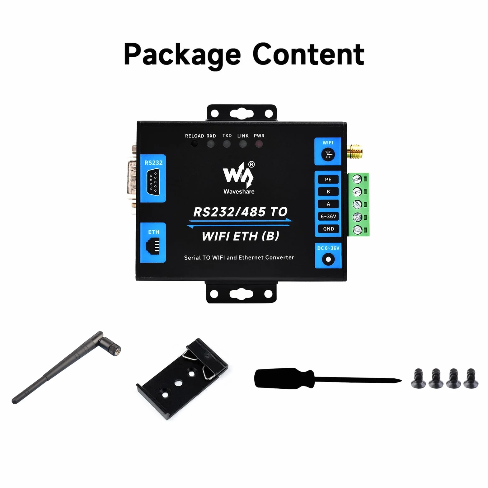 Waveshare Industrial Serial Server RS232/485 to WiFi Ethernet Modbus MQTT Gateway Metal Case