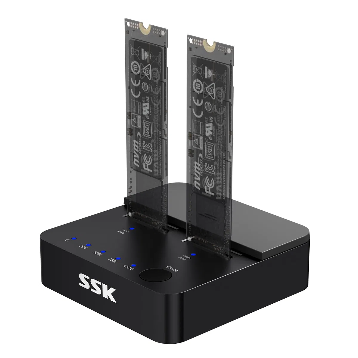 SSK M.2 NVMe SATA SSD Klonen Docking Station, 20Gbps USB 3.2 Gen 2x2 Festplatten Dockingstation, Dual Bay M.2 SSD Gehäuse, USB Adapter für M-Key-/B+M-Key PCIe SSD Reader mit Offline-Klonfunktion