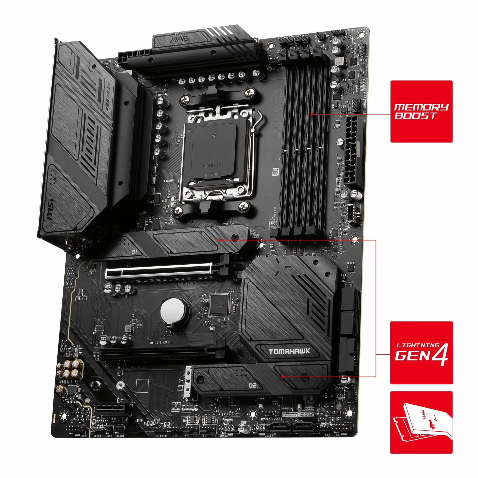 MSI MAG B650 Tomahawk WiFi Mainboard, ATX - Unterstützt Ryzen 9000, 8000 & 7000 Serie Prozessoren, AM5-14 Duet Rail 80A VRM, DDR5 Memory Boost 6400+MHz/OC, 2 x PCIe 4.0 x16, 3X M.2 Gen4, Wi-Fi 6E