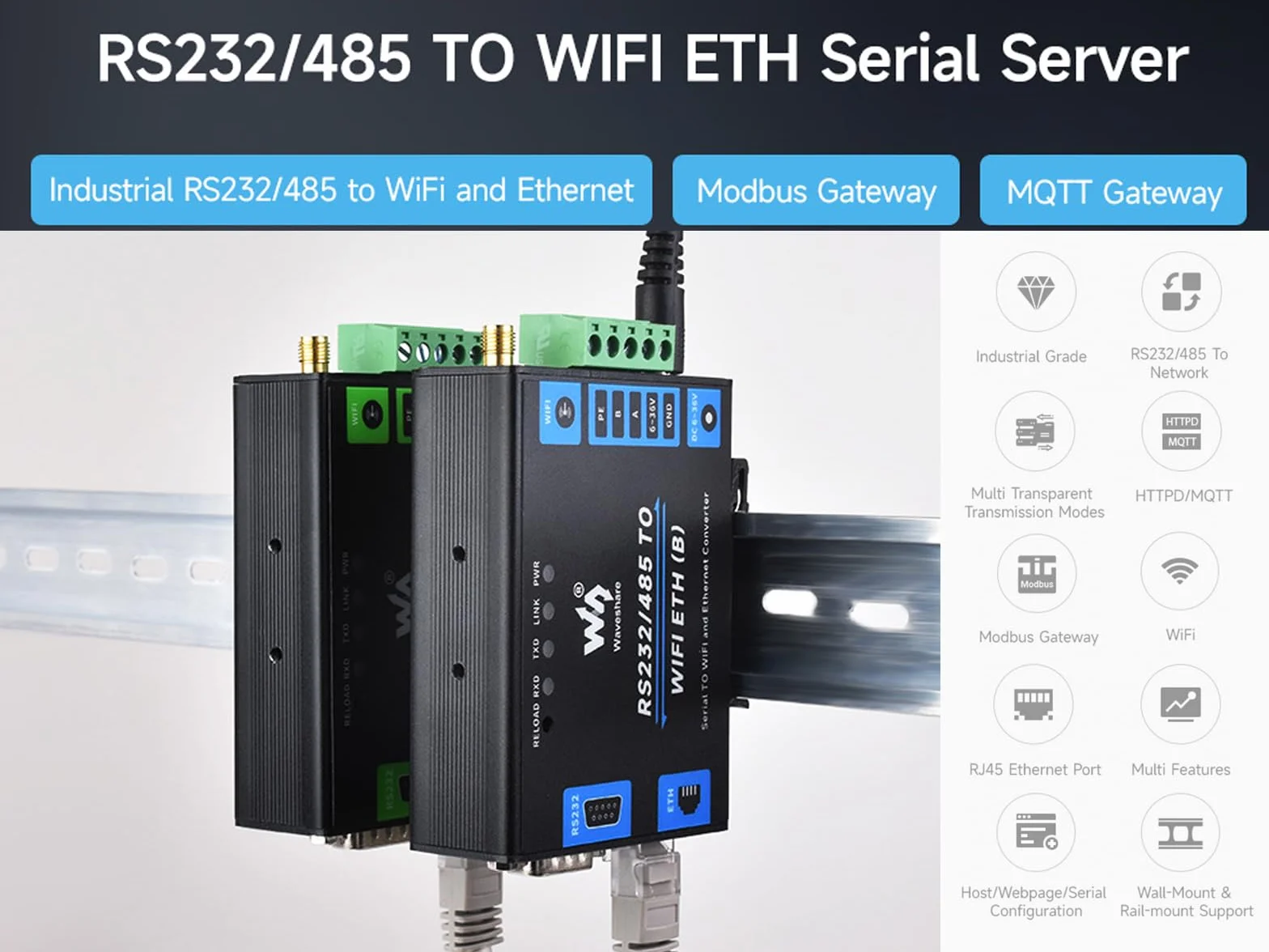 RS232/485 zu WiFi Ethernet Serial Server Converter Modbus MQTT Gateway DC 6~36V