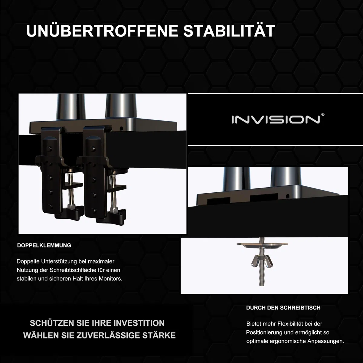 Invision Doppel-Monitorarm für Bildschirme von 24-35 Zoll, ergonomisch, höhenverstellbar (gasunterstützt), neigbar, drehbar und ausziehbar, VESA 75 mm und 100 mm, Gewicht 2 kg bis 15 kg (MX900)