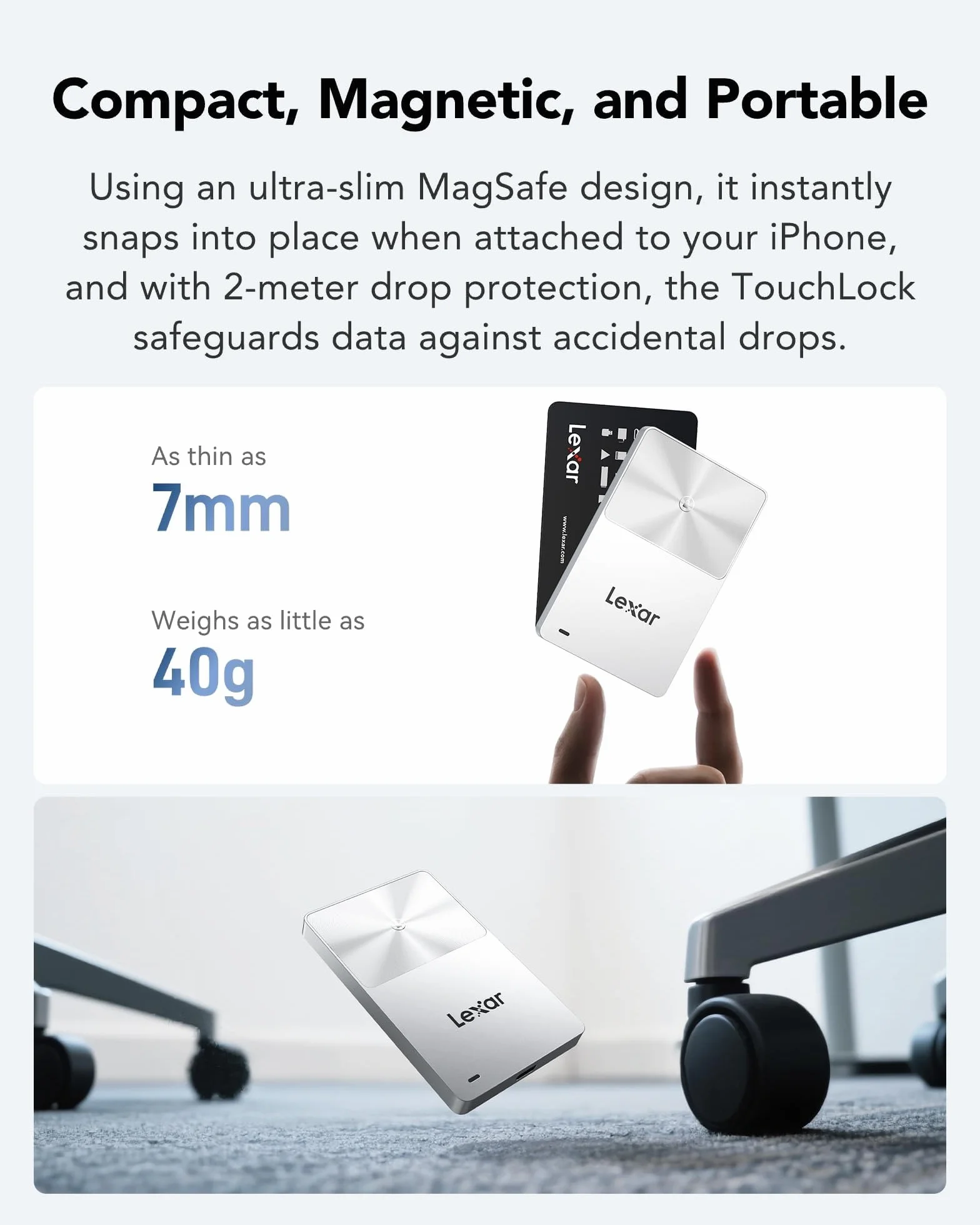 Lexar TouchLock Tragbare SSD 1TB mit One-Touch-NFC-Verschlüsselung Authentifizierung, Externe Solid-State-Laufwerke USB 3.2 Gen2, Magnetische Telefon-SSD-Unterstützung für iPhone 17/16, Tablet, PC