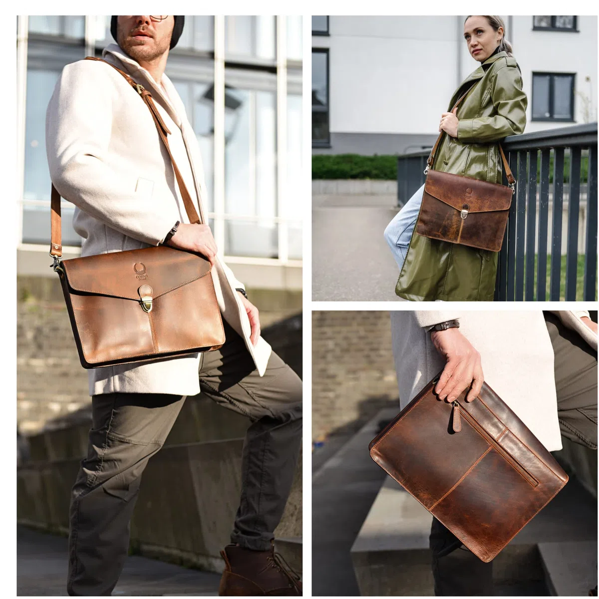 Corno d´Oro Premium Laptoptasche 14 Zoll Laptop Leder I Handgefertigte MacBook Tasche Echt Leder I Umhängetasche Herren Klein Braun für DIN A4 Größe