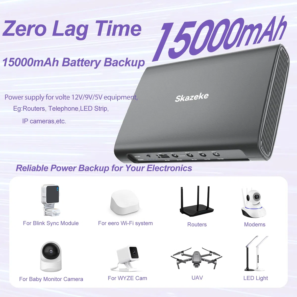 Mini USV,Skazeke 15000mAh Mini UPS mit 5 Ausgängen DC 5V/9V/12V/2A,USB 5V/2A, unterbrechungsfreie WLAN-Stromversorgung für Router/Modem/IP-Kamera/Spectra S2 Milchpumpe und mehr