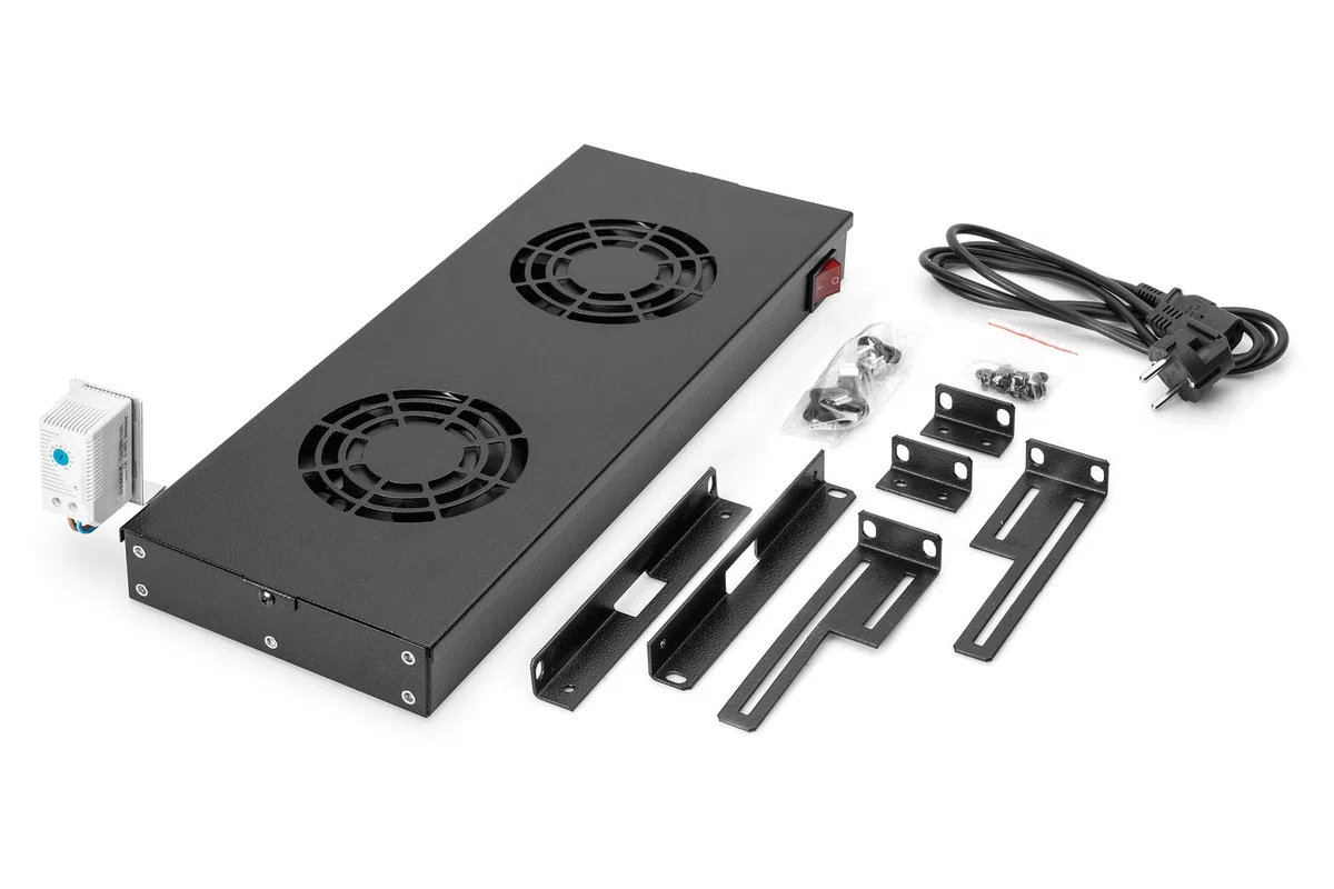 DIGITUS Lüftereinheit 19" 1HE - Rack- oder Dachmontage - Für VarioFLEX Schränke - 2x Lüfter - Thermostat - Schwarz | Thermostat – Luftdurchsatz 4,6 m³ pro Minute – Variable Montage an den 19 Zoll Profilschienen – Schwarz