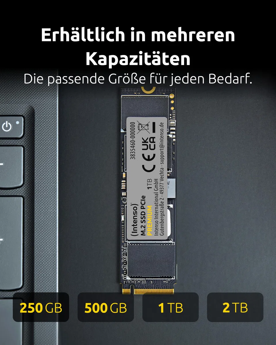 Intenso 250GB M.2 SSD PCIe Premium, bis zu 2100 MB/s, (PCI Express Gen.3x4 NVMe 1.3, Solid State Drive)