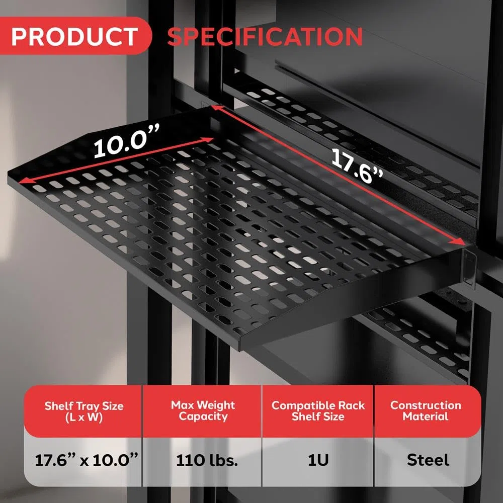 Pyle Fachboden - 2er Set 19 Zoll 1U Rack Shelf – Belüfteter Rackboden für Netzwerkschrank und Serverschrank, Patchpanel und Netzwerkgeräte Ablage, Stahl Rack Regal, 50 kg Tragkraft