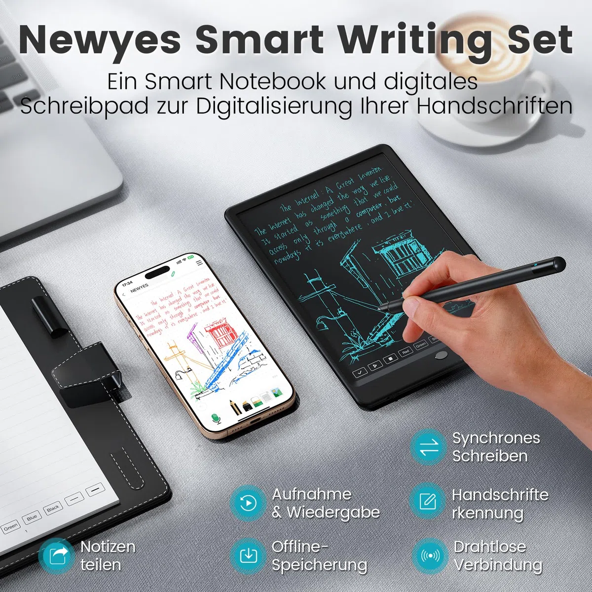 NEWYES Syncpen 3 Set, Smart Pen mit Tablet und Digitales Notizbuch &6 Refills, Echtzeit-Synchronisation& Smart Texterkennung für Student,Lehrer, Meetings, Vorlesungen oder Kreatives Arbeiten