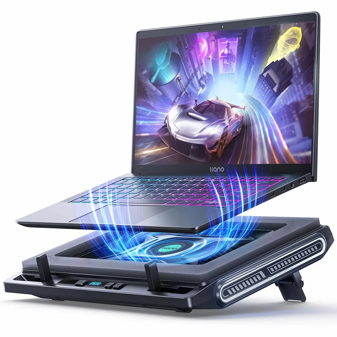 llano Gaming Laptop Kühler Kühlpad mit 3500RPM Turbofan 4,72'' externem Lüfter Ständer verstellbare Geschwindigkeit Tastensteuerung Dichtschaum schnelle Kühlung Laptops 13-17,3'' KEIN RGB NO Ports