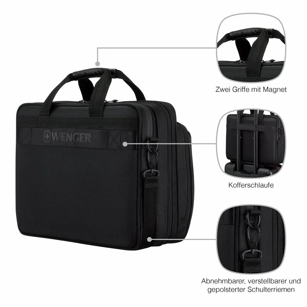 WENGER Legacy Black Series Brief Laptop-Tasche zum Umhängen, Notebook bis 16 Zoll, Tabletfach, Aktentasche, 15 l, Büro Business Uni, Schwarz, 653630
