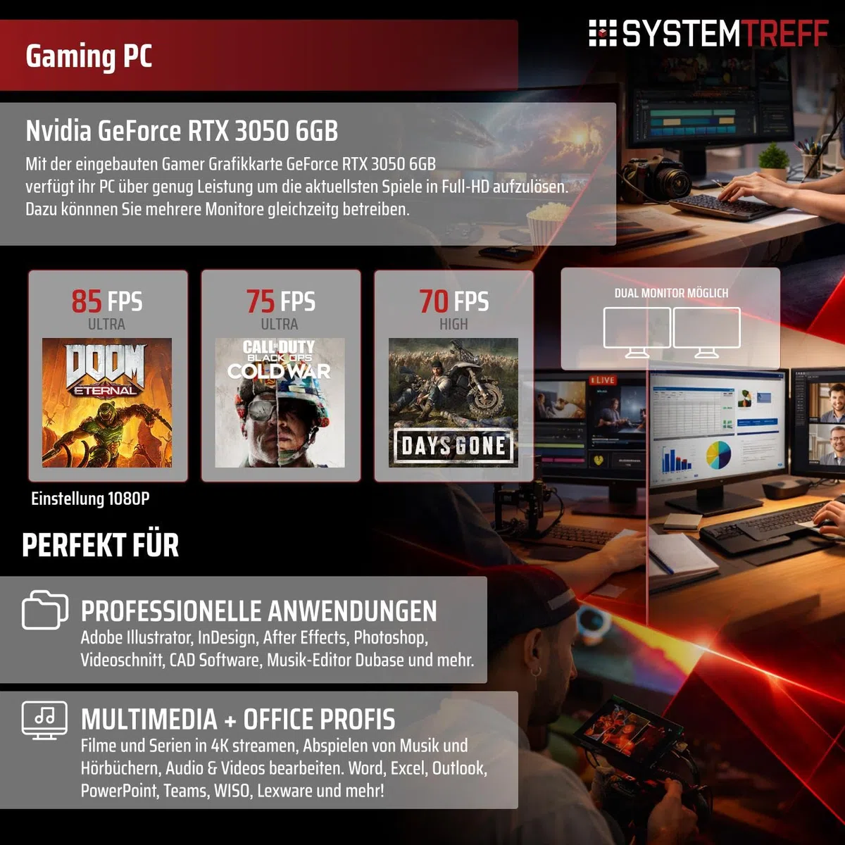 SYSTEMTREFF Basic Gaming PC AMD Ryzen 5 5500 6x4.2GHz | Nvidia RTX 3050 6GB DX12 | 512GB M.2 NVMe | 16GB DDR4 RAM | WLAN Desktop Computer Rechner für Gamer, Zocker
