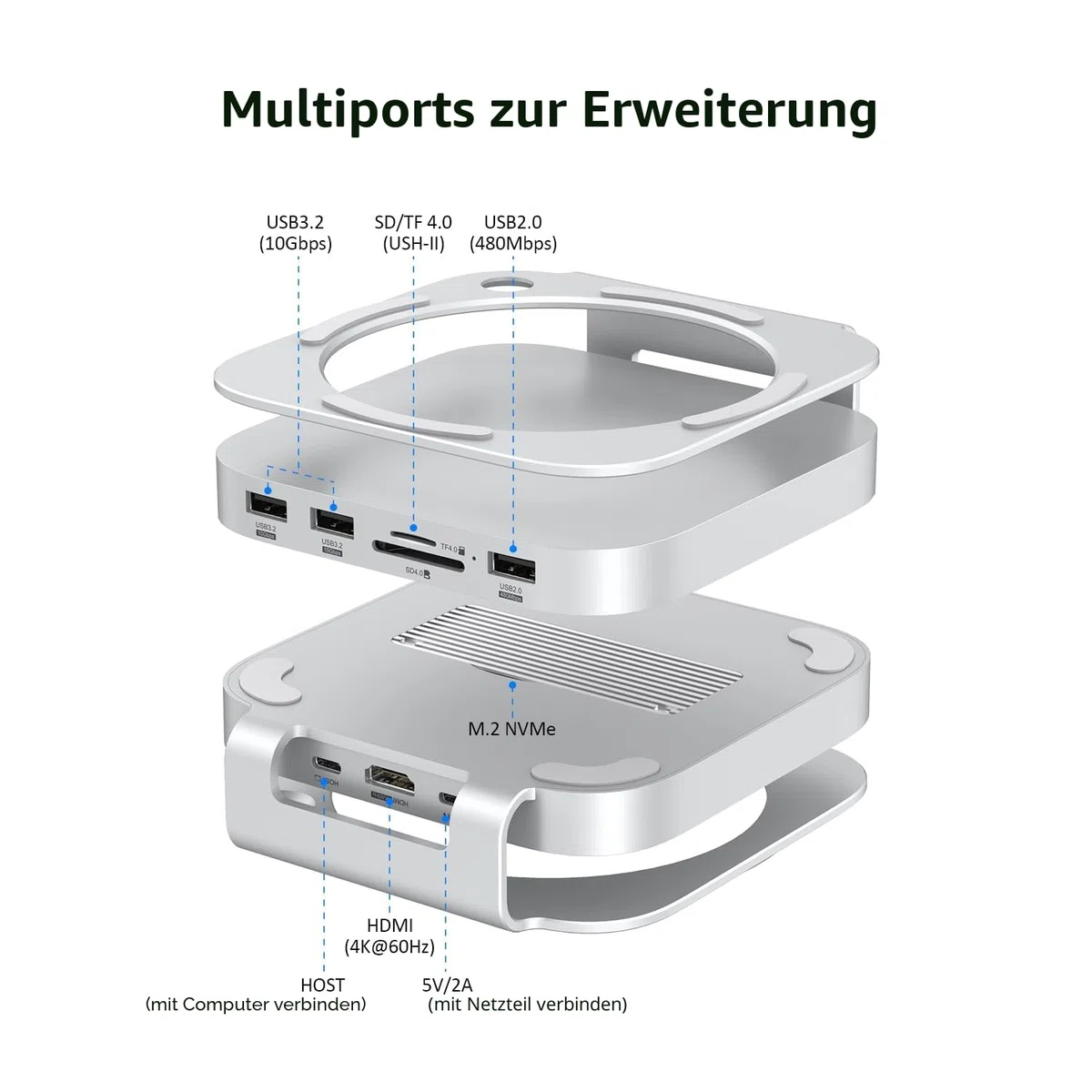 AKKYAJAURE Mac mini-Hub: 10-in-1 Aluminium-Ständer und Dock für Mac mini M4 Pro mit M.2 NVMe SSD-Gehäuse, 4K60hz HDMI, 10 Gbit/s USB-A x 2, SD/TF-Kartenleser, USB 2.0
