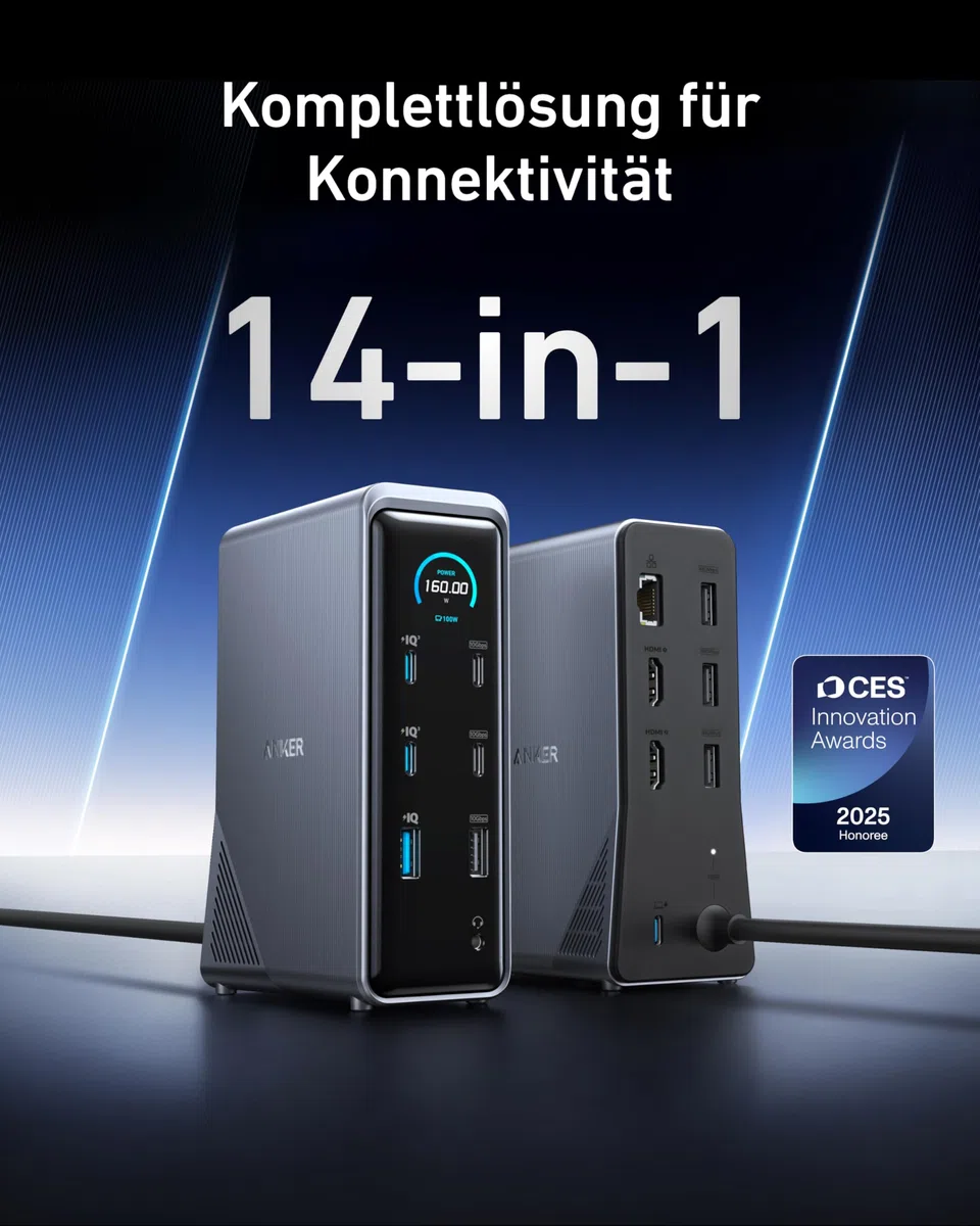 Anker Prime Dockingstation, 14-Port mit 160W Max. Leistung, 10Gbit/s schnelle Datenübertragung, smartes Interface in Echtzeit, Audio und Ethernet Ports, Dual 4K Displays für Dell, HP, Lenovo und mehr