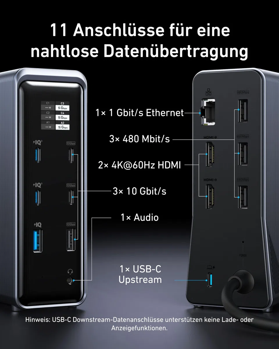 Anker Prime Dockingstation, 14-Port mit 160W Max. Leistung, 10Gbit/s schnelle Datenübertragung, smartes Interface in Echtzeit, Audio und Ethernet Ports, Dual 4K Displays für Dell, HP, Lenovo und mehr