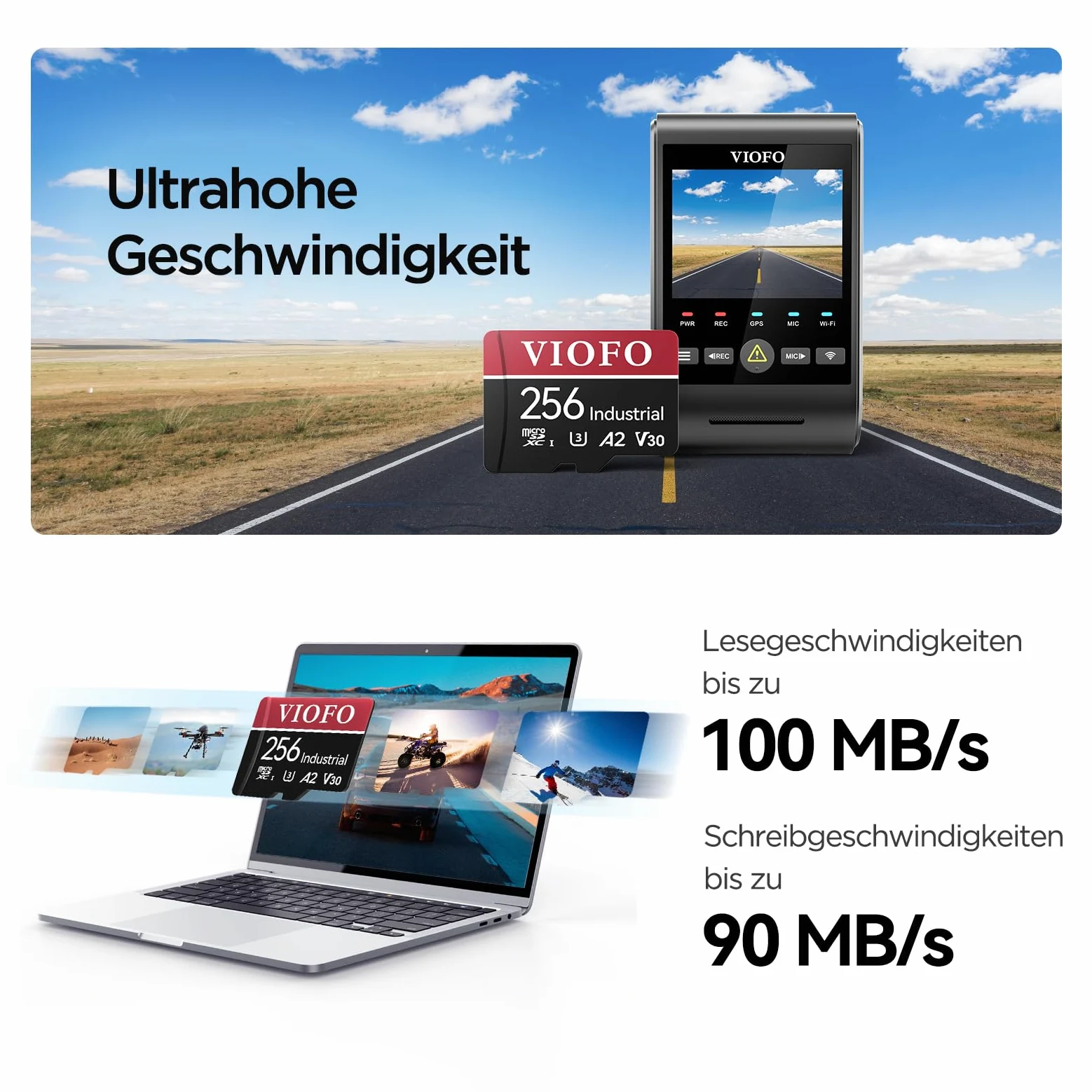 VIOFO 256GB Speicherkarte, hohe Geschwindigkeit mit Adapter U3, Kompatibel für 4K WiFi Dashcam Auto Kamera