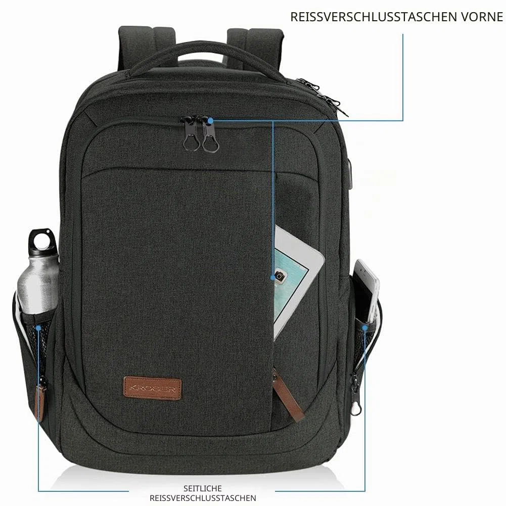 KROSER Laptop Rucksack 17,3 Zoll Handgepäck Daypack wasserabweisende Multifunktions-Laptoptasche für Business/Reisen/Damen/Herren-schwarz