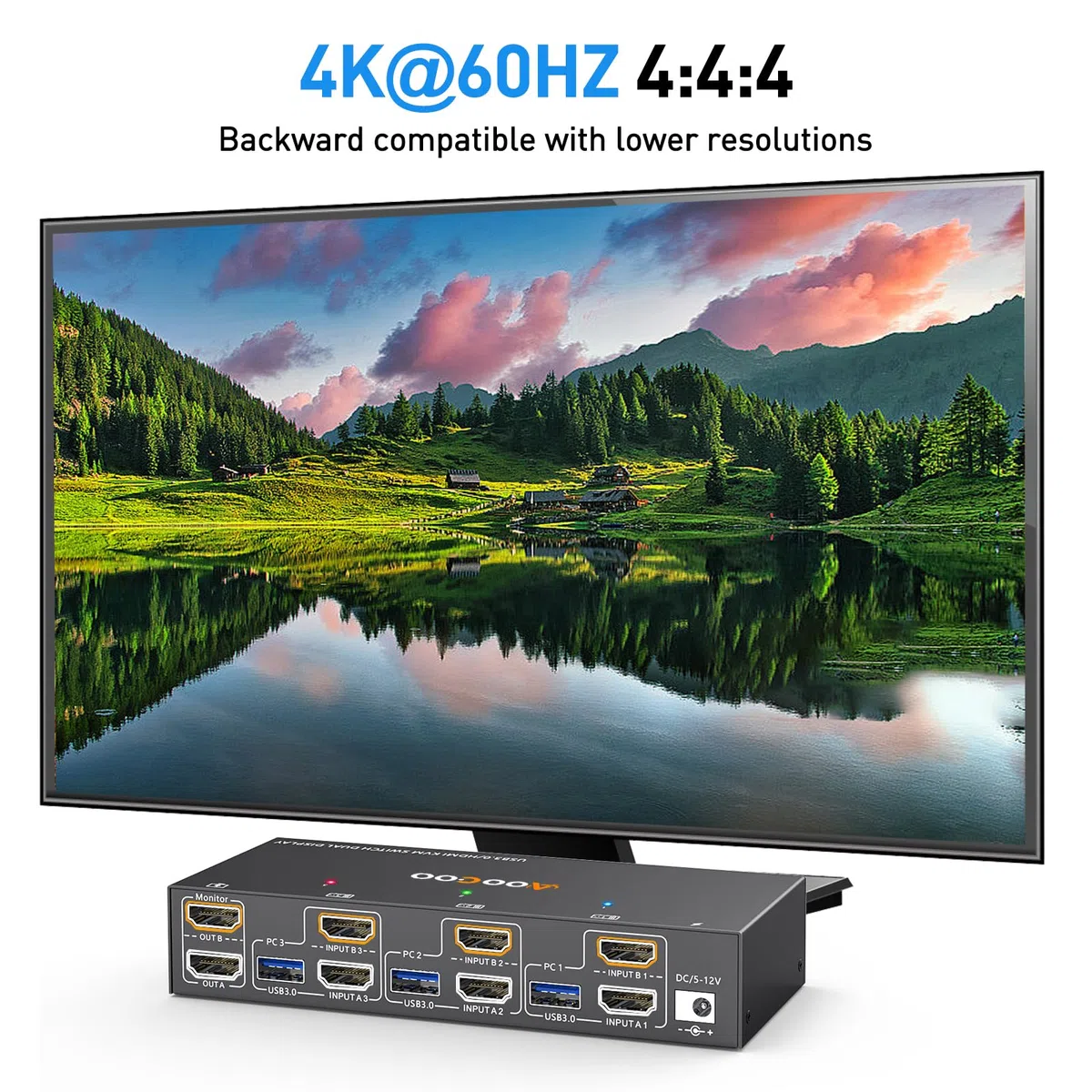 HDMI KVM Switch 3 PC 2 Monitore 4K@60Hz mit EDID Emulator, Dual Monitor KVM Switch 4 USB 3.0 Anschlüssen, inklusive Netzteil kabelgebundener Fernbedienung und Kabeln