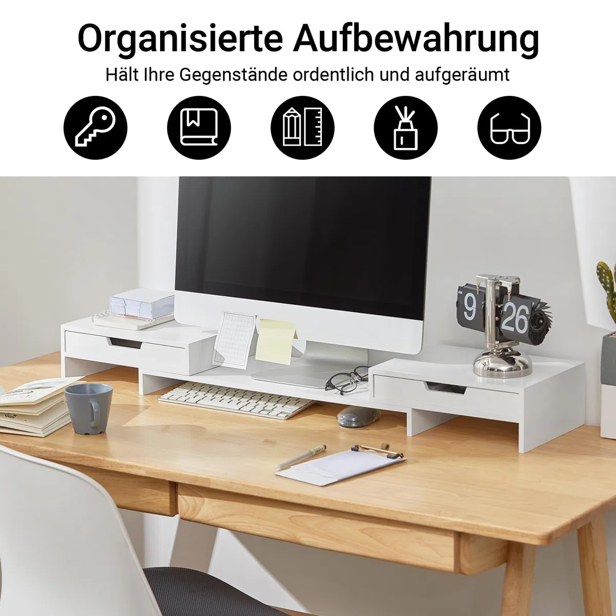 SoBuy Breitenverstellbarer Monitorständer mit 2 Schubladen, Schreibtisch Organizer, Bildschirmständer für 2 Monitore, Monitorerhöhung für Schreibtisch, Büro Organizer, Weiß, 60–107x11x22cm BBF04-W