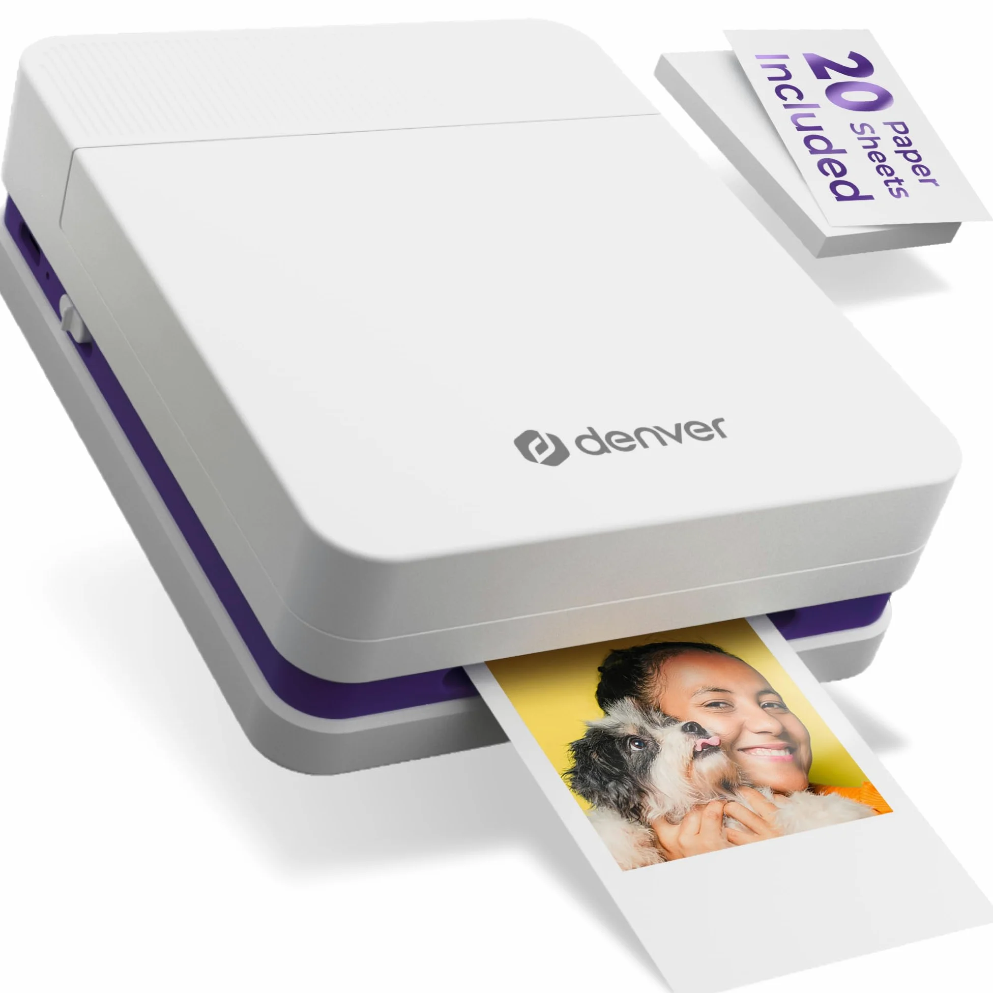 Denver MCP-6010 Mini Fotodrucker für Smartphone, mobiler Farbdrucker mit Bluetooth 5.2, 600 DPI, iOS & Android, tragbarer Fotodrucker mit Akku, inkl. Patrone & 20 Blatt Fotopapier Set
